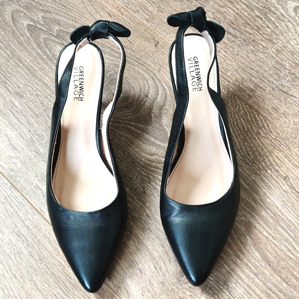 Black leather slingback shoes kitten heel pinup bow retro heels size 6 B